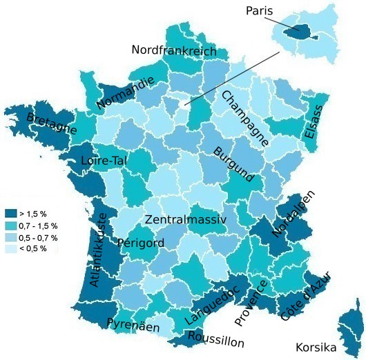 Verteilung übernachtungen Frankreich-Urlaub 2016, beliebte Reiseziele