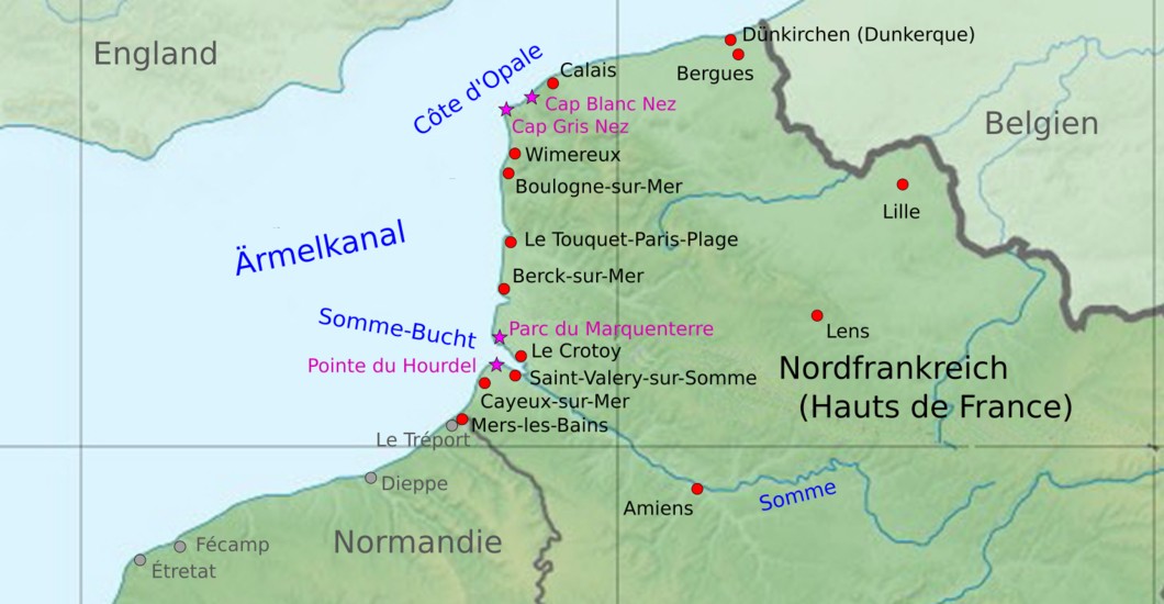 Karte von Nordfrankreich(Hauts de France) am Meer mit einigen wichtigen Sehenswürdigkeiten