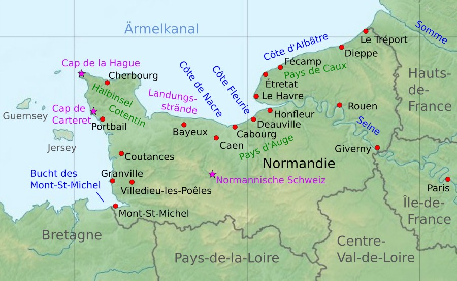 Frankreich-Karte Normandie mit einigen wichtigen Sehenswürdigkeiten
