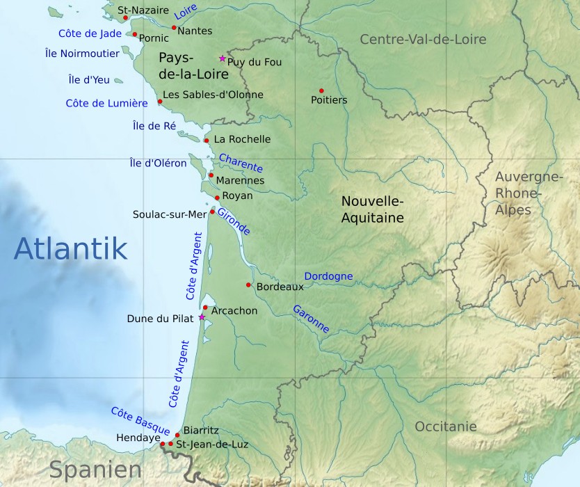 Karte der Atlantikküste in Frankreich mit einigen Sehenswürdigkeiten